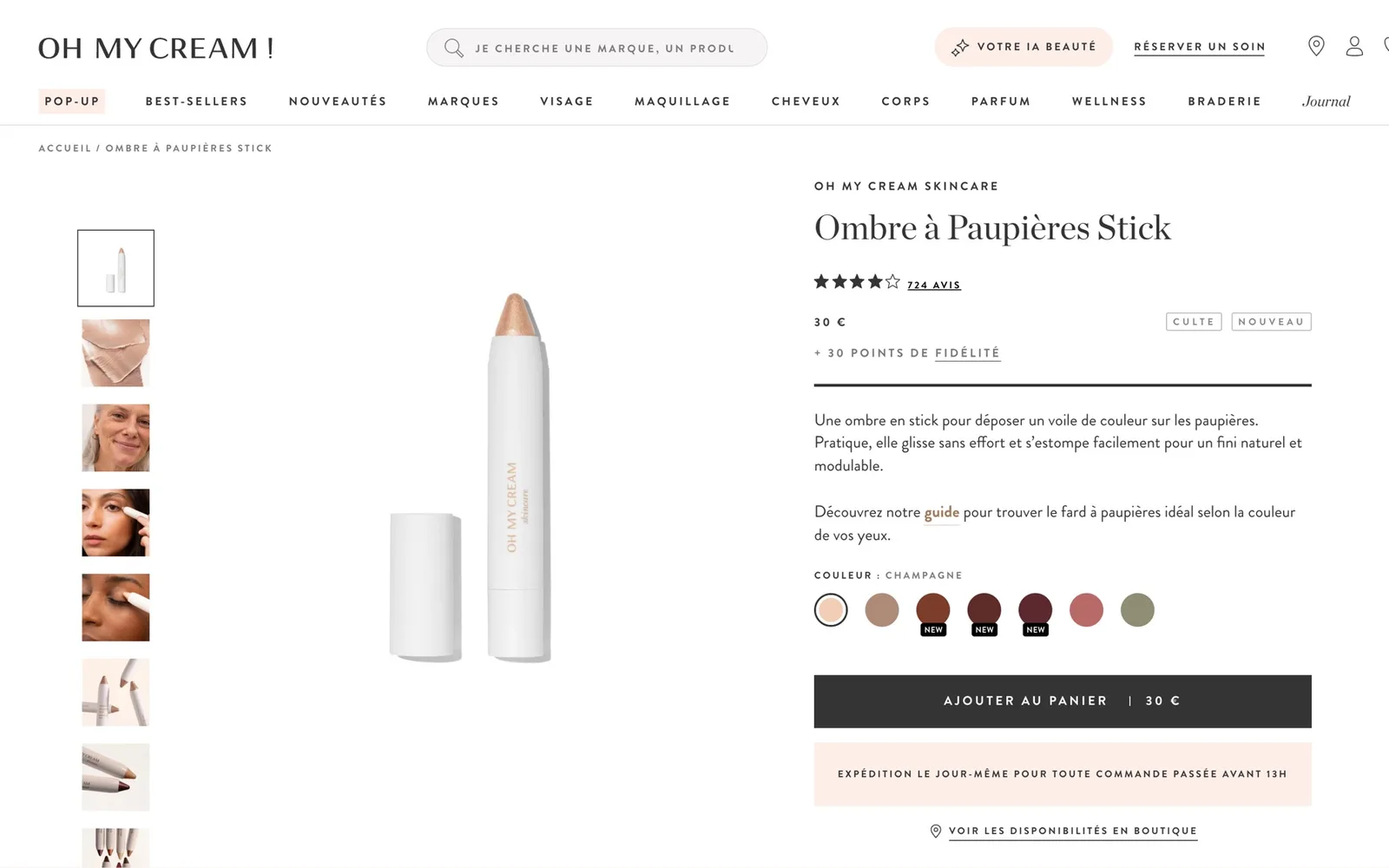 La fiche de l'ombre à paupières stick Oh My Cream Skincare, avec des étiquettes NEW sur trois teintes