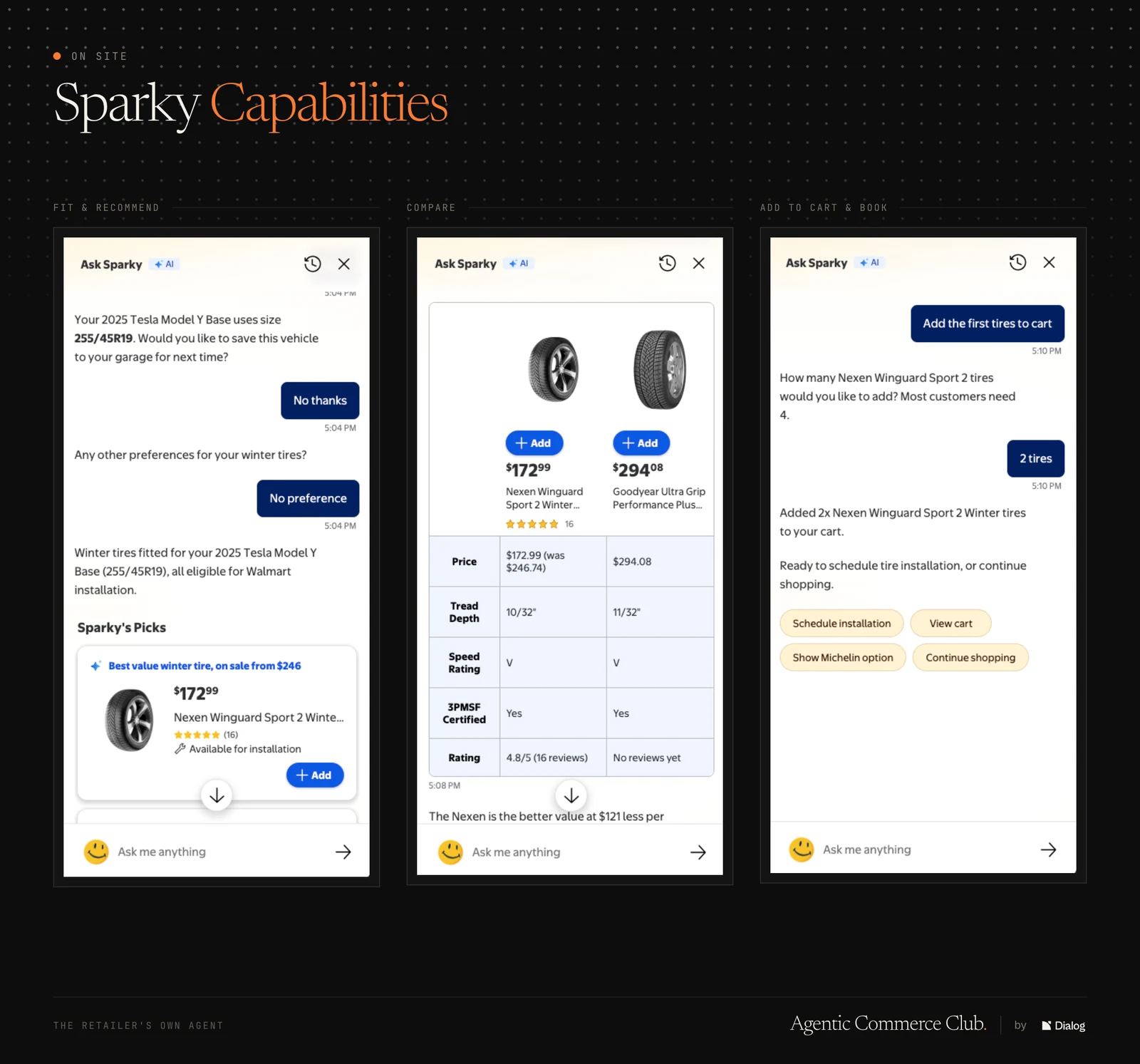 Sparky's capabilities: search, order history, comparison, cart actions