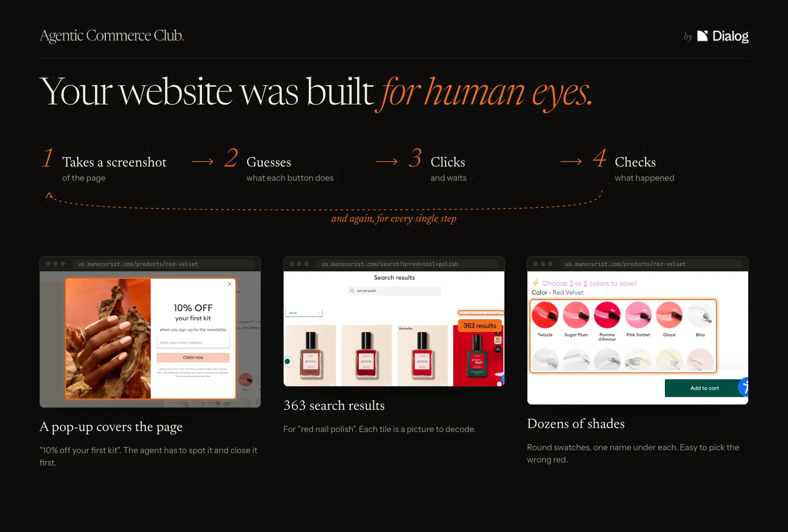 Ce que rencontre un agent sur le site de Manucurist : une popup, 363 résultats de recherche, des dizaines de teintes