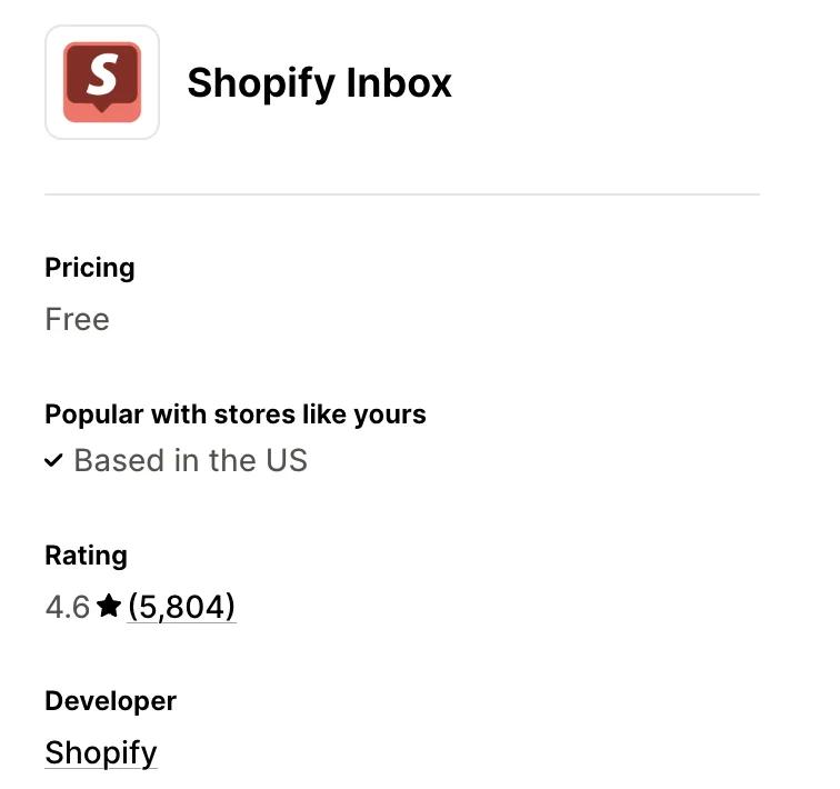 La nota de Shopify Inbox en la Shopify App Store