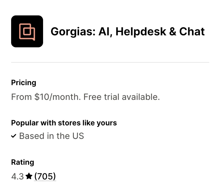 La ficha de Gorgias en la Shopify App Store