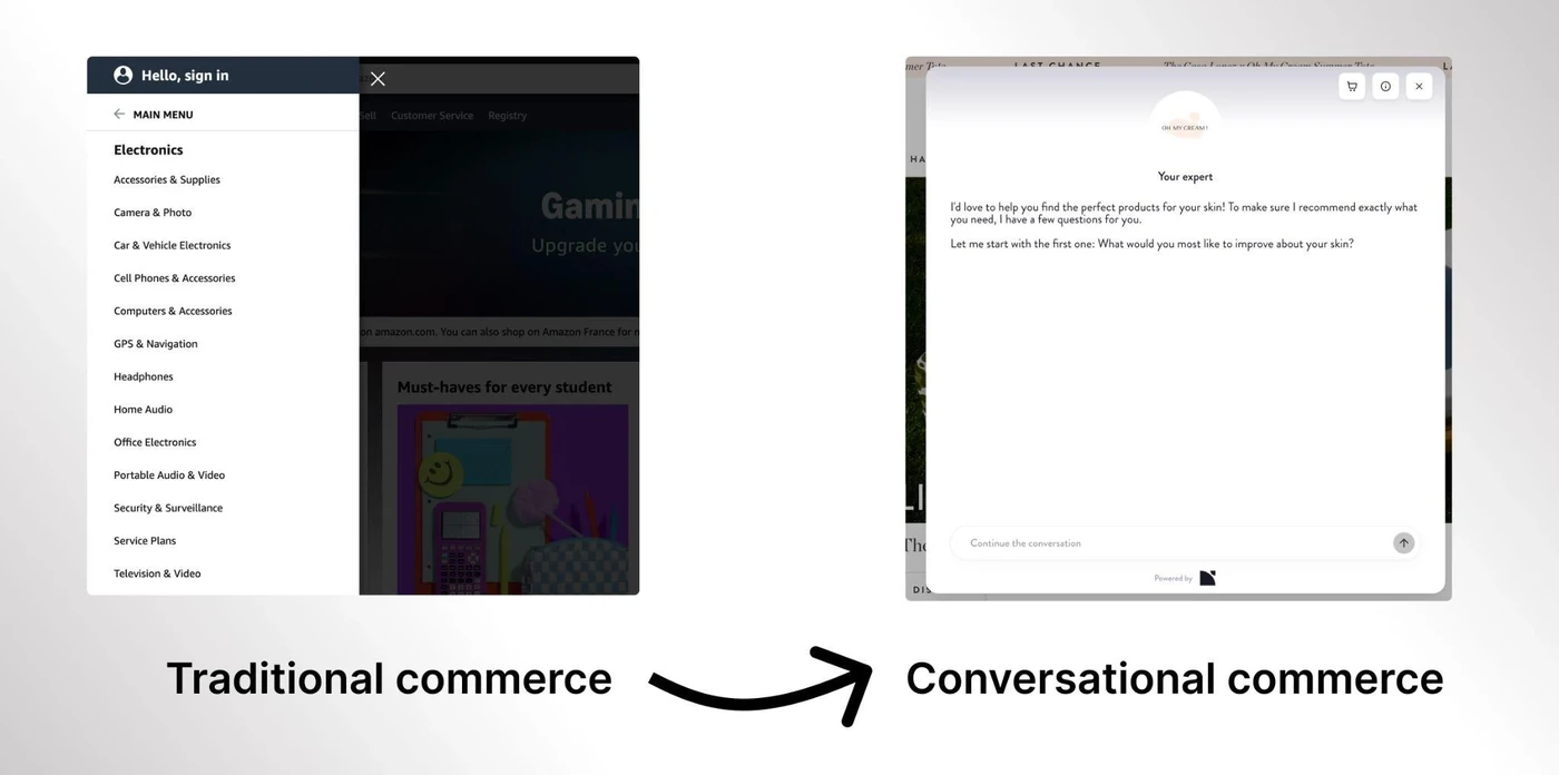 Un menú de navegación de ecommerce tradicional comparado con una experiencia de comercio conversacional