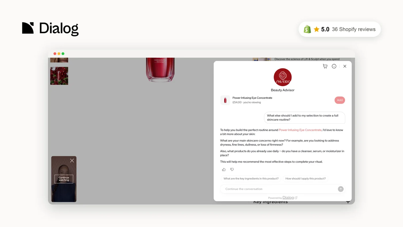 Le Beauty Advisor de Dialog répond à une question de routine de soin sur une fiche produit Shiseido