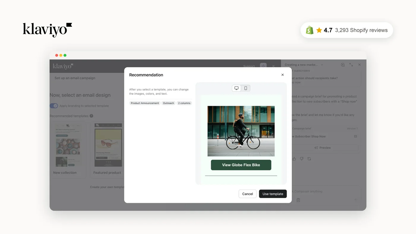 Klaviyo recommande un modèle d'email avec un produit mis en avant
