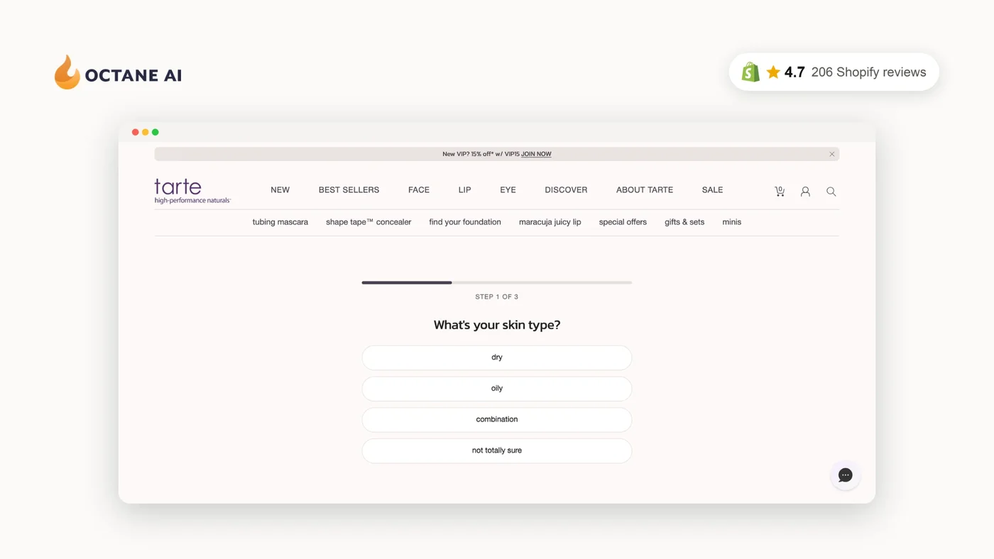 Un quiz Octane AI sur le type de peau, sur la boutique Tarte