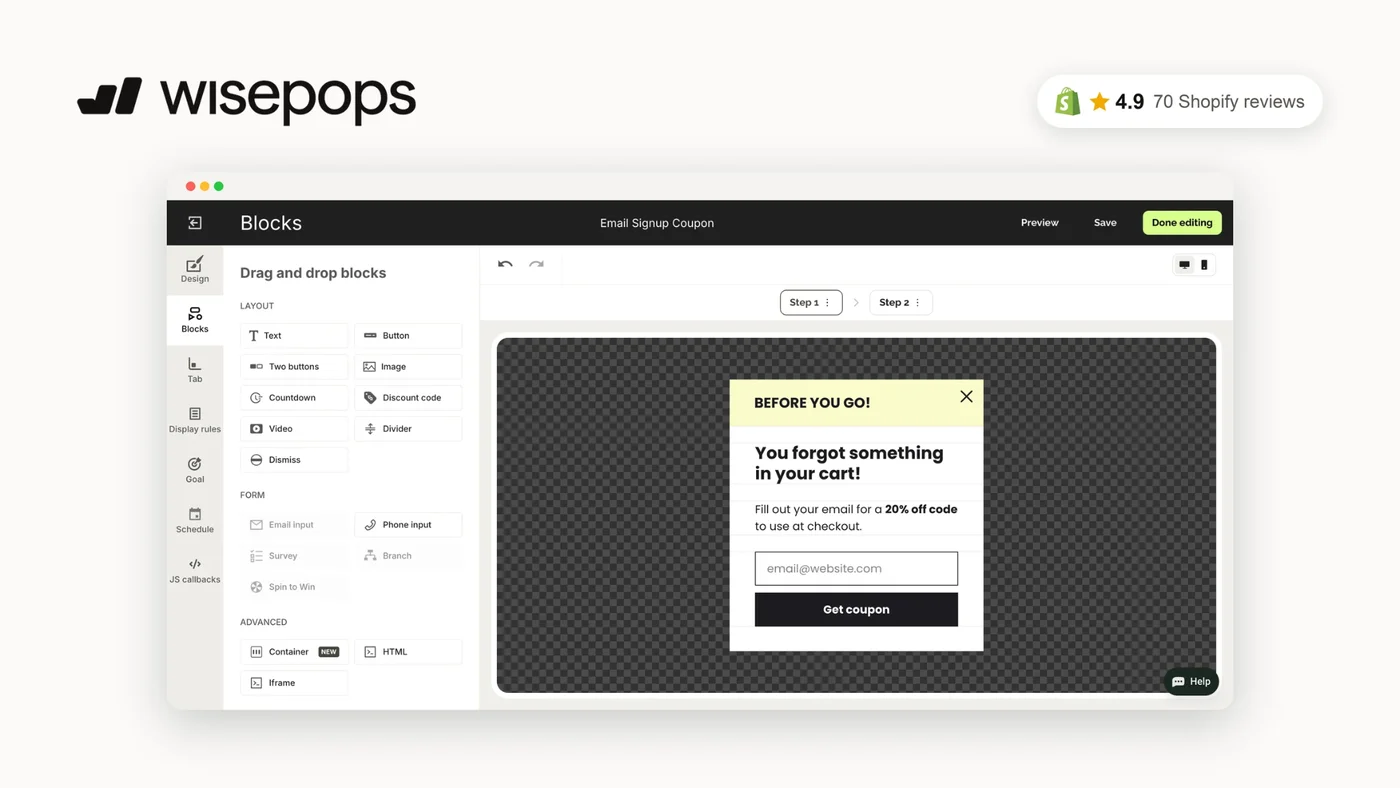 L'éditeur Wisepops en train de créer une popup d'abandon de panier
