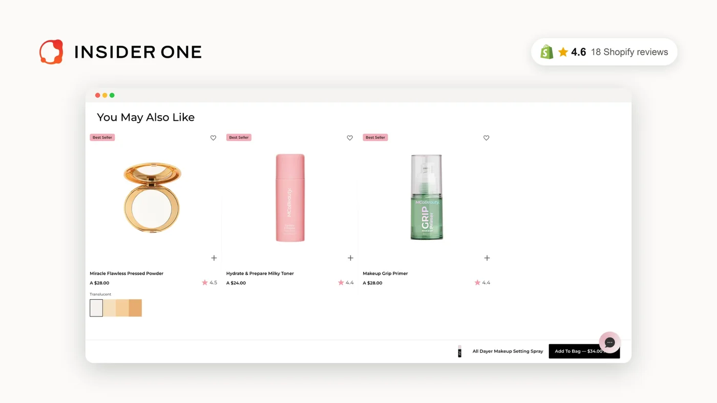 Des recommandations InsiderOne « You May Also Like » sur une boutique beauté