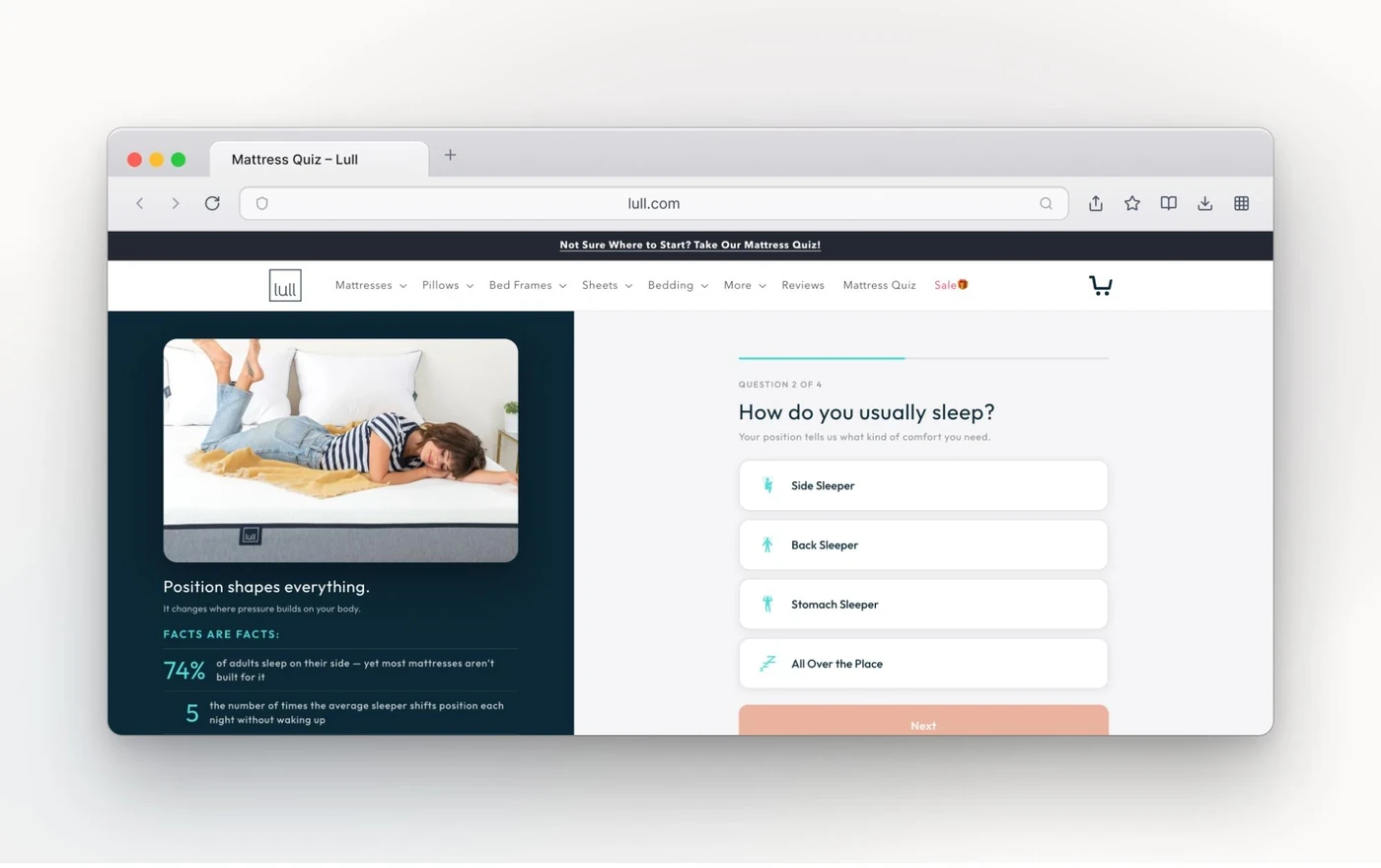Un quiz sur lull.com, propulsé par Shopify, qui aide les acheteurs à trouver le matelas idéal
