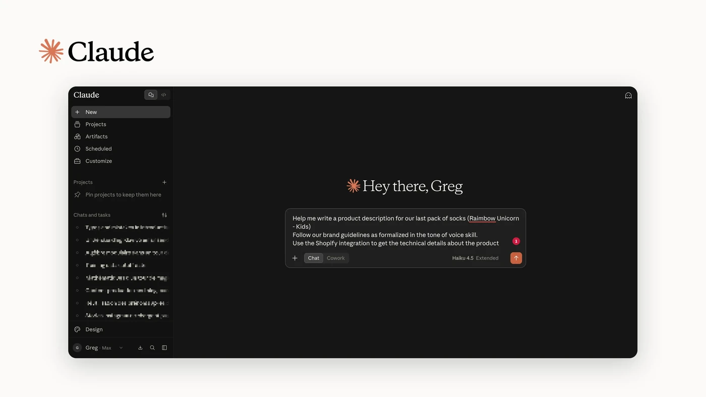 L'interface de Claude, utilisée pour rédiger du contenu e-commerce