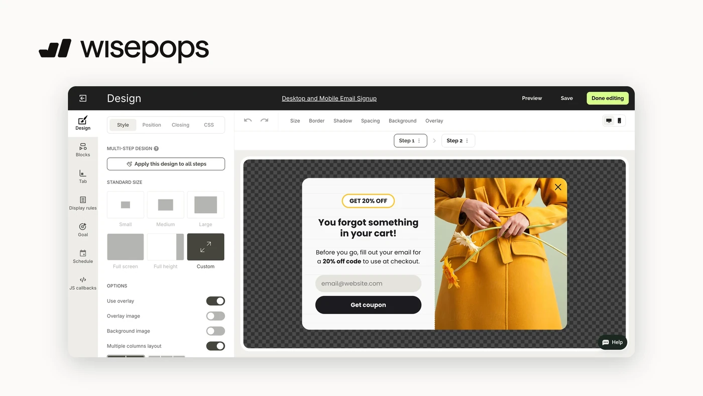Une campagne Wisepops affichée à un visiteur sur le site