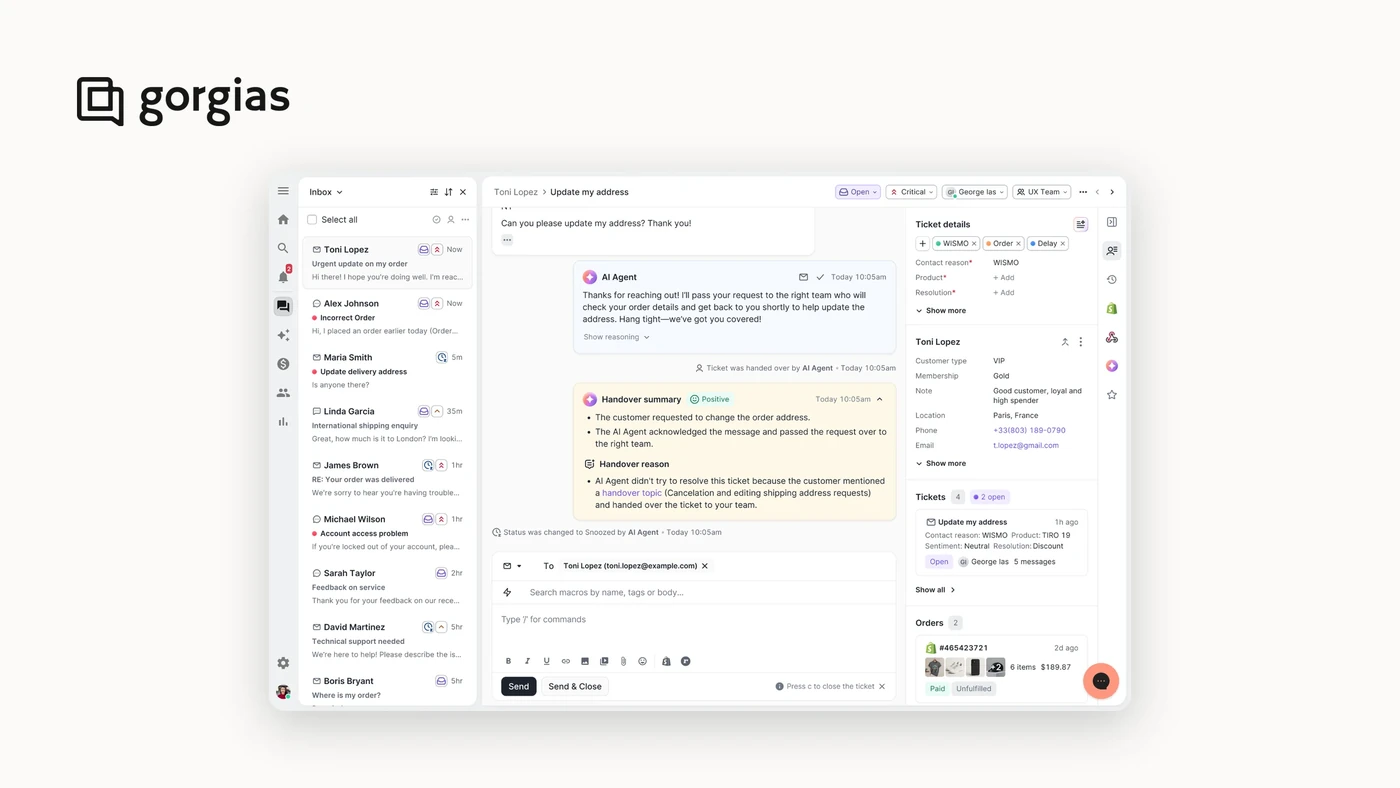 Le helpdesk Gorgias traitant une file de support