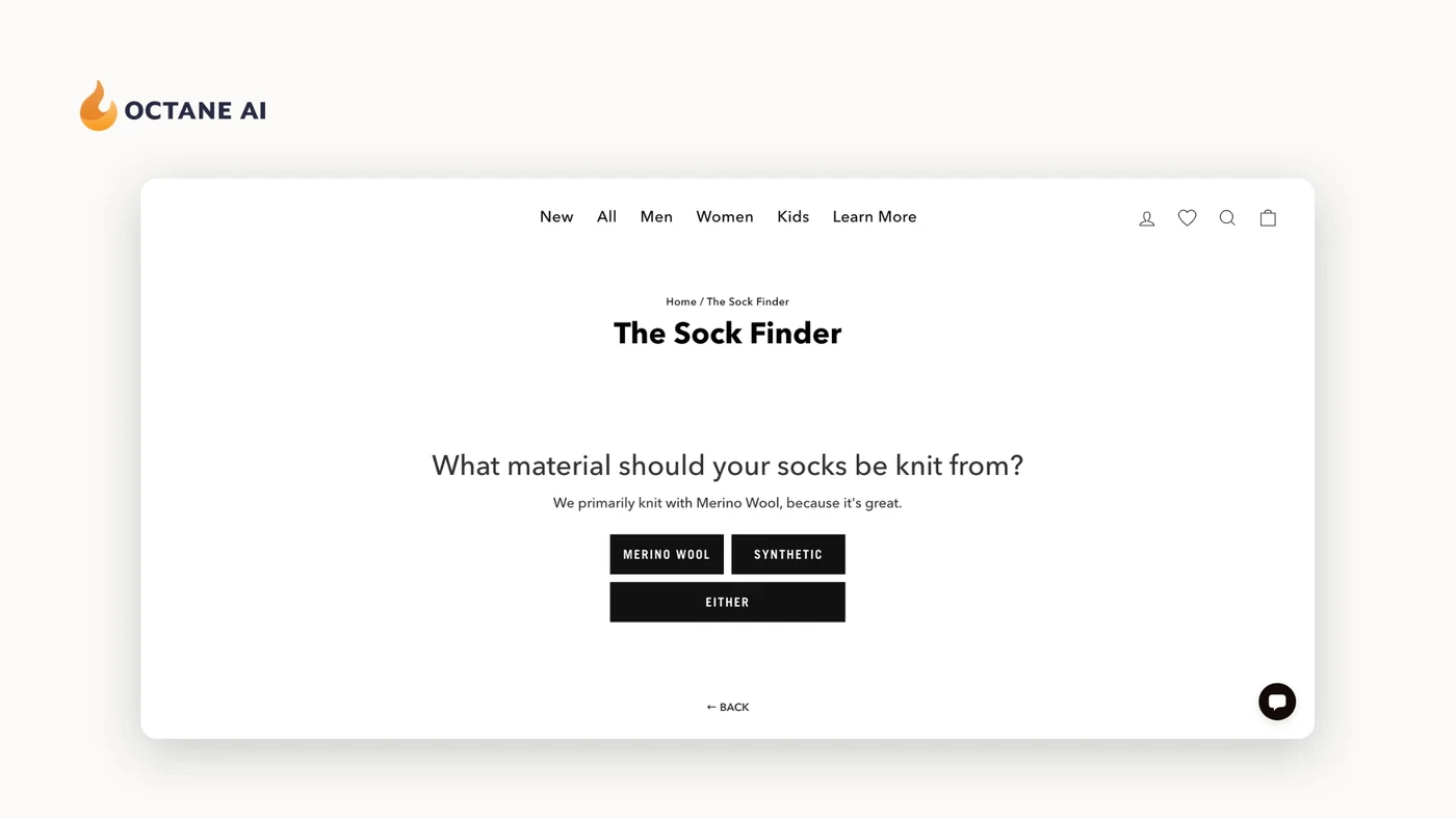 Un quiz de recommandation produit Octane AI sur une boutique Shopify